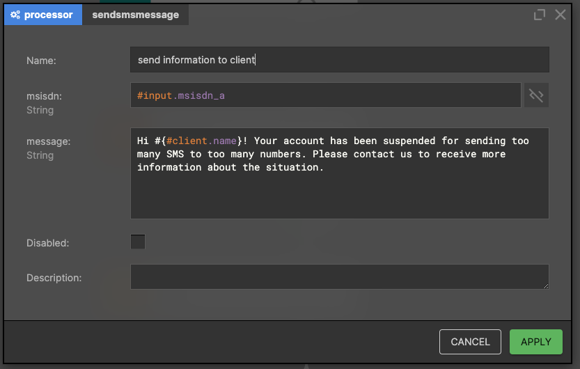 send an SMS to the customer with information about the blocking
