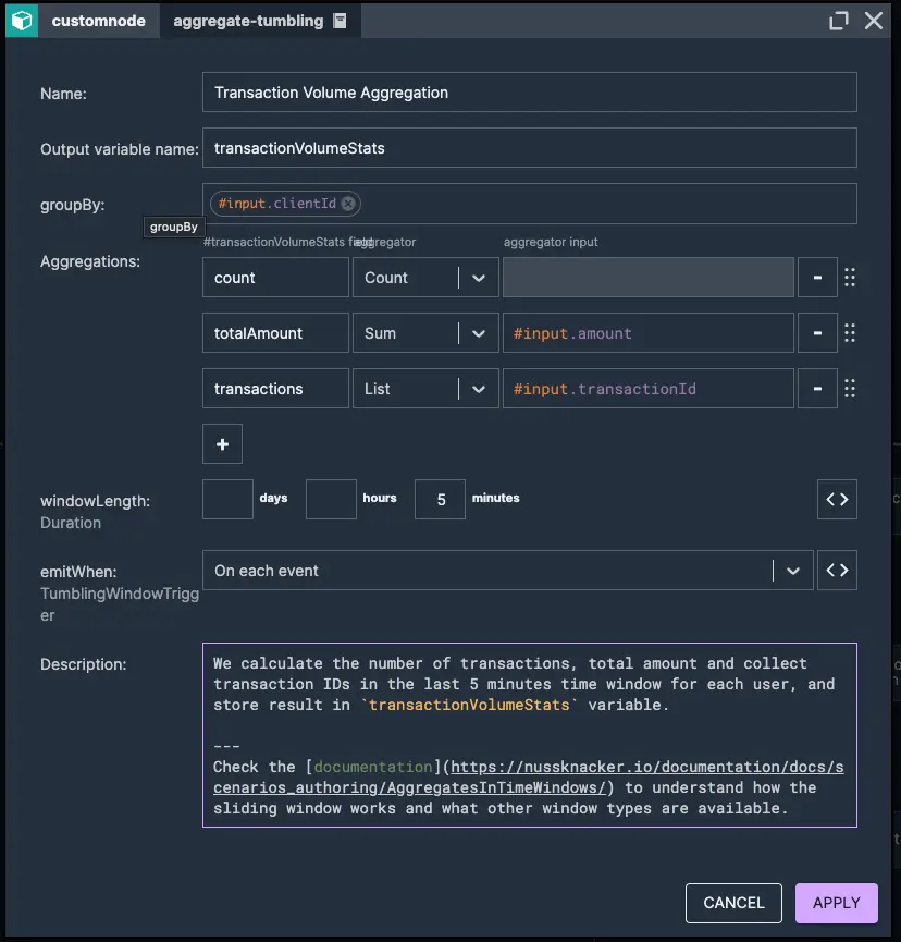High-Volume 5-Min Aggregation | Nussknacker Real-Time Fraud Detection Solution Image showing a 5-minute aggregation node element where we calculate the number and total amount of transactions in the case of multiple small-value transaction fraud.