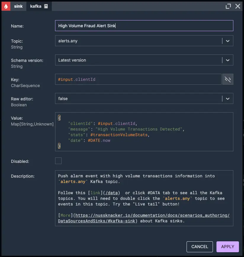 High-Volume Kafka Alert Sink | Nussknacker Real-Time Fraud Detection Solution Picture presenting a high-volume Kafka alert sink node element for real-time fraud detection using Nussknacker – a possible solution for handling alerts on suspicious transaction volumes.