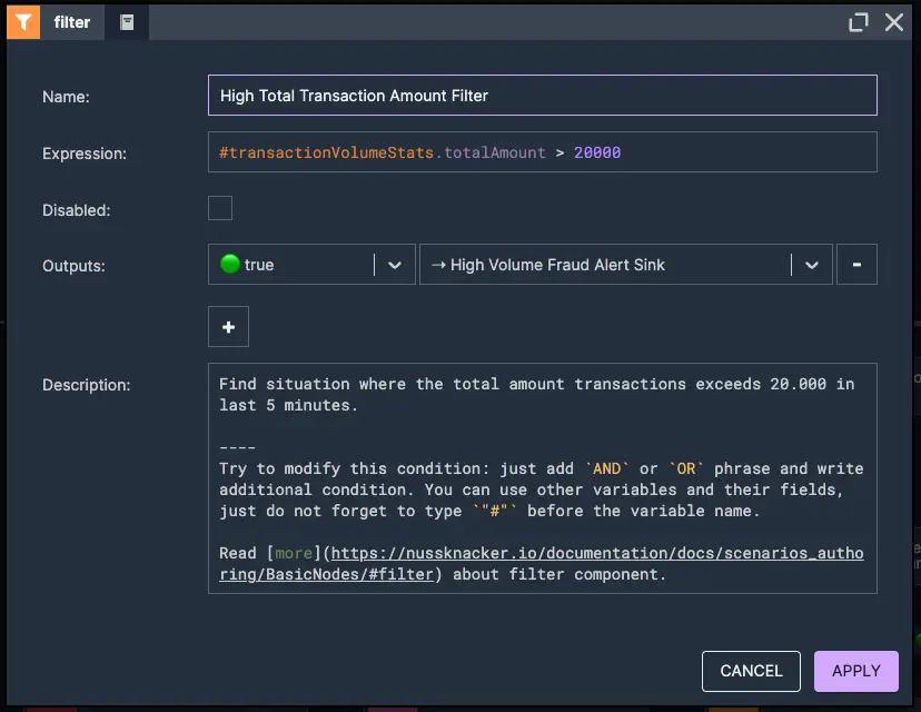 High Total Amount Filter | Nussknacker Real-Time Fraud Detection Solution Diagram presenting a high total amount filter for real-time transaction monitoring using Nussknacker – a possible solution for detecting high-value transactions.