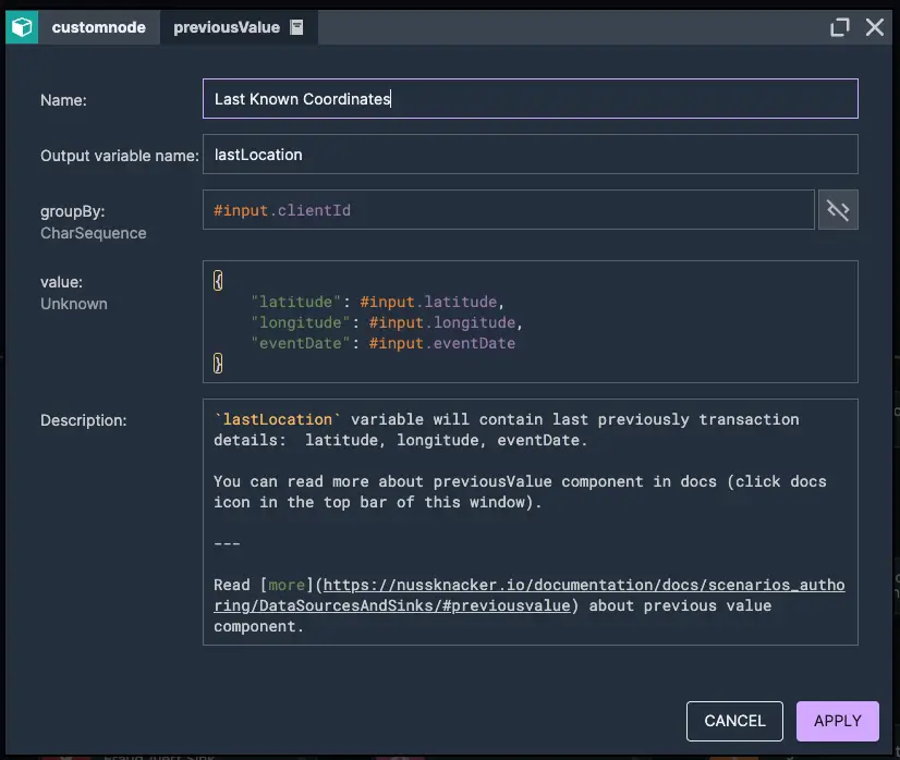 Setting previous transaction location | Nussknacker Real-Time Fraud Detection Solution Picture presenting a setting previous transaction location & date - used in real-time fraud detection with Nussknacker.