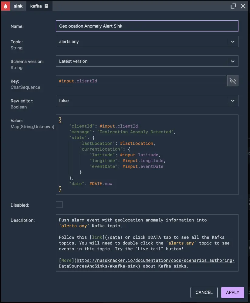 Geolocation Anomaly Alert Sink | Nussknacker Real-Time Fraud Detection Solution Picture presenting a geolocation anomaly alert sink node element for real-time fraud detection using Nussknacker – pushing alerts to a Kafka topic for suspicious anomalies transactions.