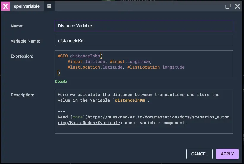 Multiple Distance Calculation | Nussknacker Real-Time Fraud Detection Solution Picture presenting a distance calculation node element measuring movement between multiple locations - used in real-time fraud detection with Nussknacker.