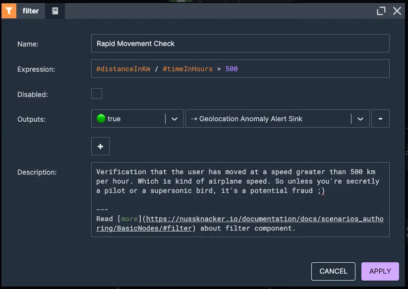 Rapid Movement Verification | Nussknacker Real-Time Fraud Detection Solution Picture presenting a rapid movement verification node element detecting users moving between multiple locations in a short time - used in real-time fraud detection with Nussknacker.