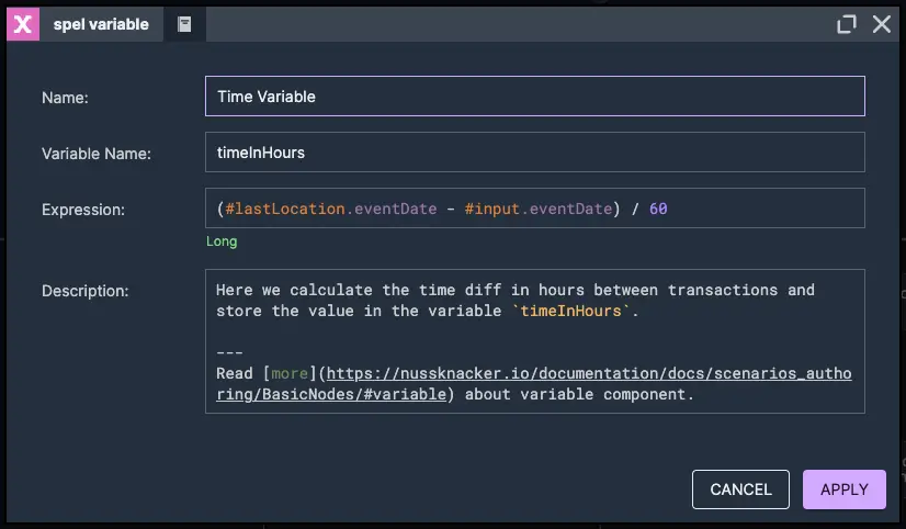 Multiple Time in Hours Calculation | Nussknacker Real-Time Fraud Detection Solution Picture presenting a time calculation node element measuring the time difference between multiple transactions in hours – used in real-time fraud detection with Nussknacker.