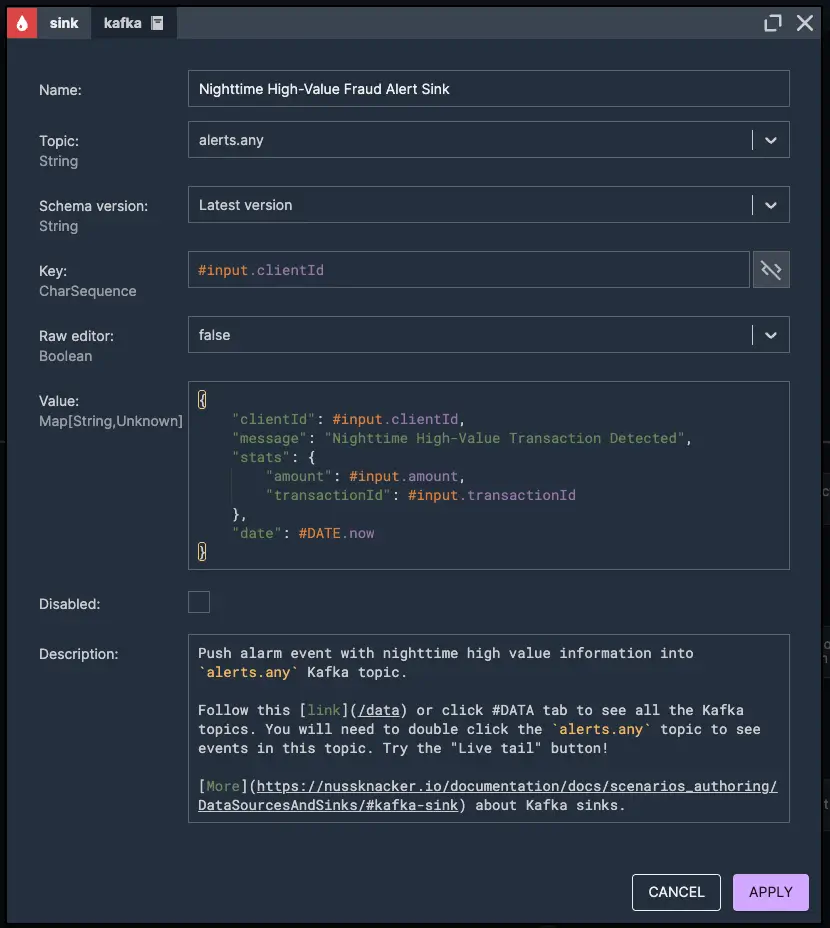 Nighttime Alert Sink | Nussknacker Real-Time Fraud Detection Solution Picture presenting a nighttime alert sink node element for real-time fraud detection using Nussknacker – pushing alerts to a Kafka topic for suspicious nighttime transactions.