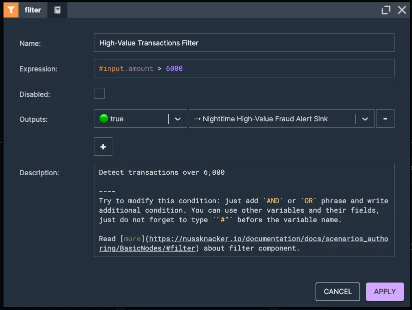 Nighttime Amount Filter | Nussknacker Real-Time Fraud Detection Solution Picture presenting a nighttime amount filter node element detecting transactions over 6000 – used in real-time fraud detection with Nussknacker.