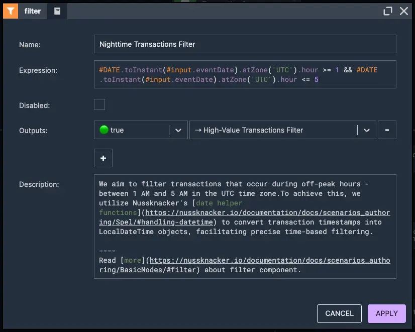 Nighttime Transactions Filter | Nussknacker Real-Time Fraud Detection Solution Picture presenting a nighttime date filter node element detecting transactions between 1 and 5 AM – used in real-time fraud detection with Nussknacker.