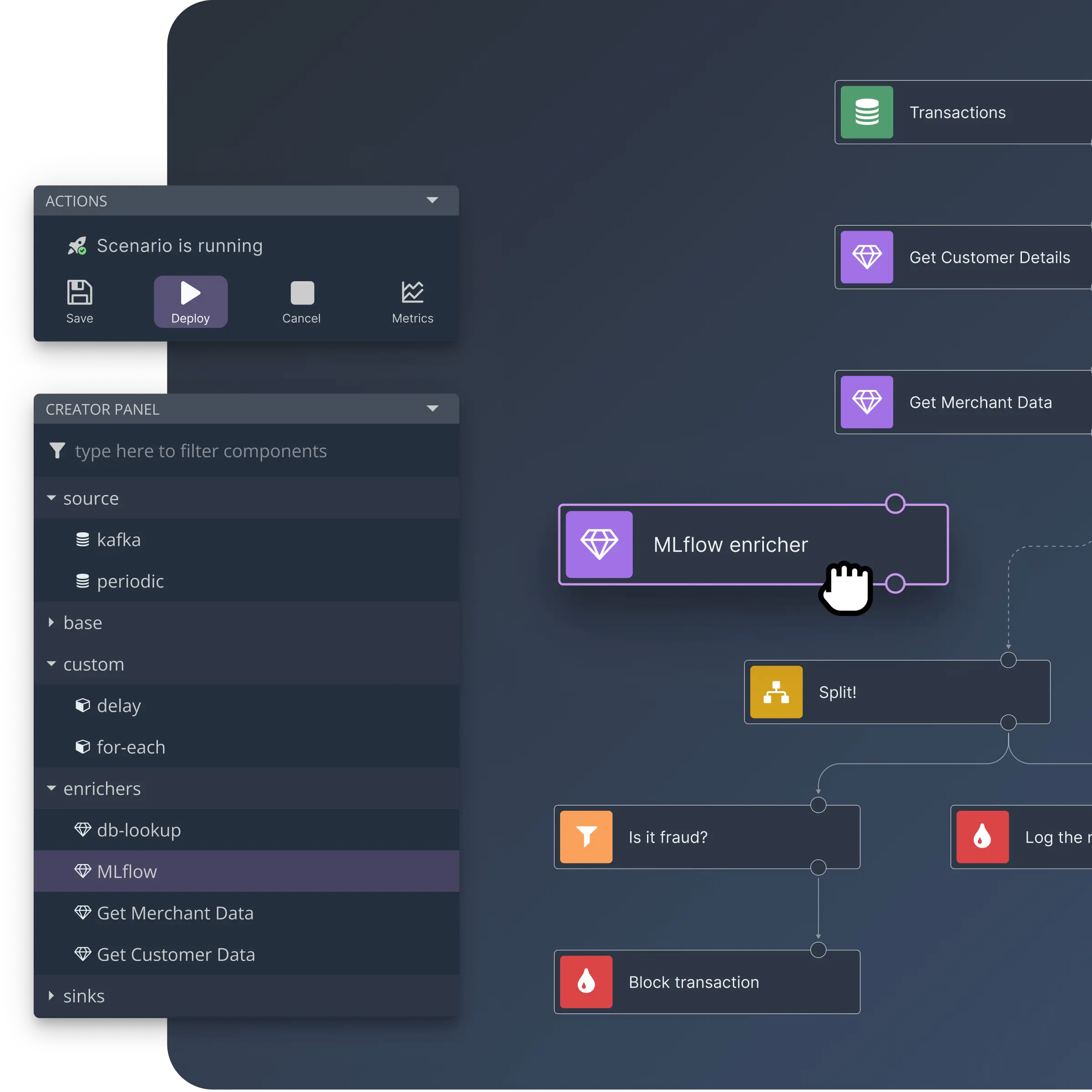 Nussknacker Designer with ML integration, featuring a low-code drag-and-drop interface for real-time stream processing and machine learning-driven automation.