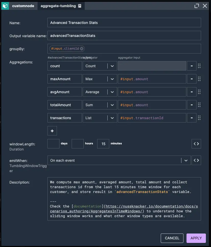 15-Minute Multiple Small Amount Aggregation | Nussknacker Real-Time Fraud Detection Solution Picture presenting a 15-minute aggregation node element where w calculate number of transaction, max amount, avg amount, total amount of transactions in case of Multiple small-amount transactions fraud.
