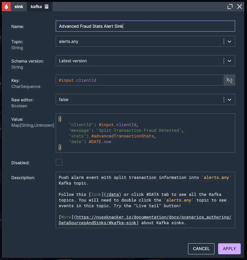 Small Amount Alert Sink | Nussknacker Real-Time Fraud Detection Solution Picture presenting a small amount alert sink node element pushing alerts to a Kafka topic for multiple small-amount transaction fraud – used in real-time fraud detection with Nussknacker.