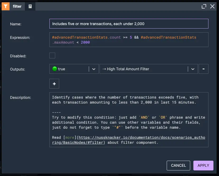 Small Amount Basic Filter | Nussknacker Real-Time Fraud Detection Solution Picture presenting a small amount basic filter node element detecting individual small transactions that may indicate fraud – used in real-time fraud detection with Nussknacker.