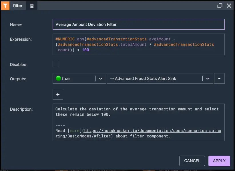 Small Amount Deviation Calculation | Nussknacker Real-Time Fraud Detection Solution Picture presenting a small amount deviation calculation node element detecting anomalies in transaction patterns by analyzing deviations in small transaction amounts – used in real-time fraud detection with Nussknacker.