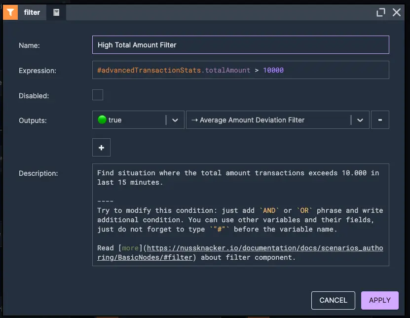 Small Total Amount Filter | Nussknacker Real-Time Fraud Detection Solution Picture presenting a small total amount filter node element detecting the total value of multiple small transactions to identify potential fraud – used in real-time fraud detection with Nussknacker.