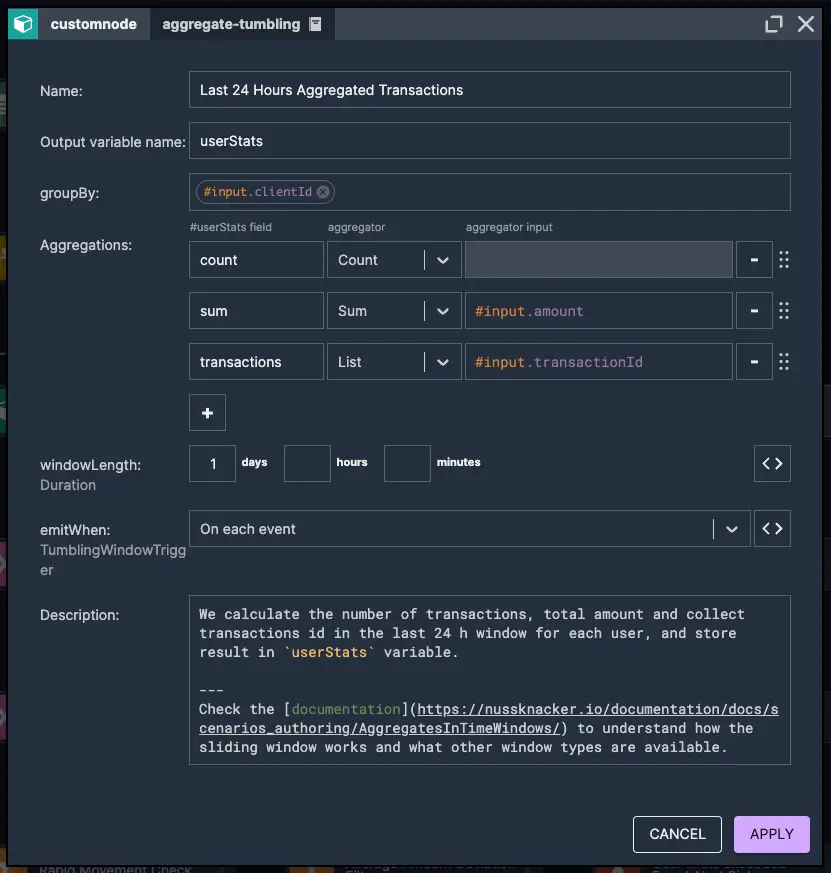 User Aggregation | Nussknacker Real-Time Fraud Detection Solution Picture presenting a user aggregation node element where we calculate the transaction count, total amount, and collect transaction IDs per user to detect exceeded limits and potential fraud – used in real-time fraud detection with Nussknacker.