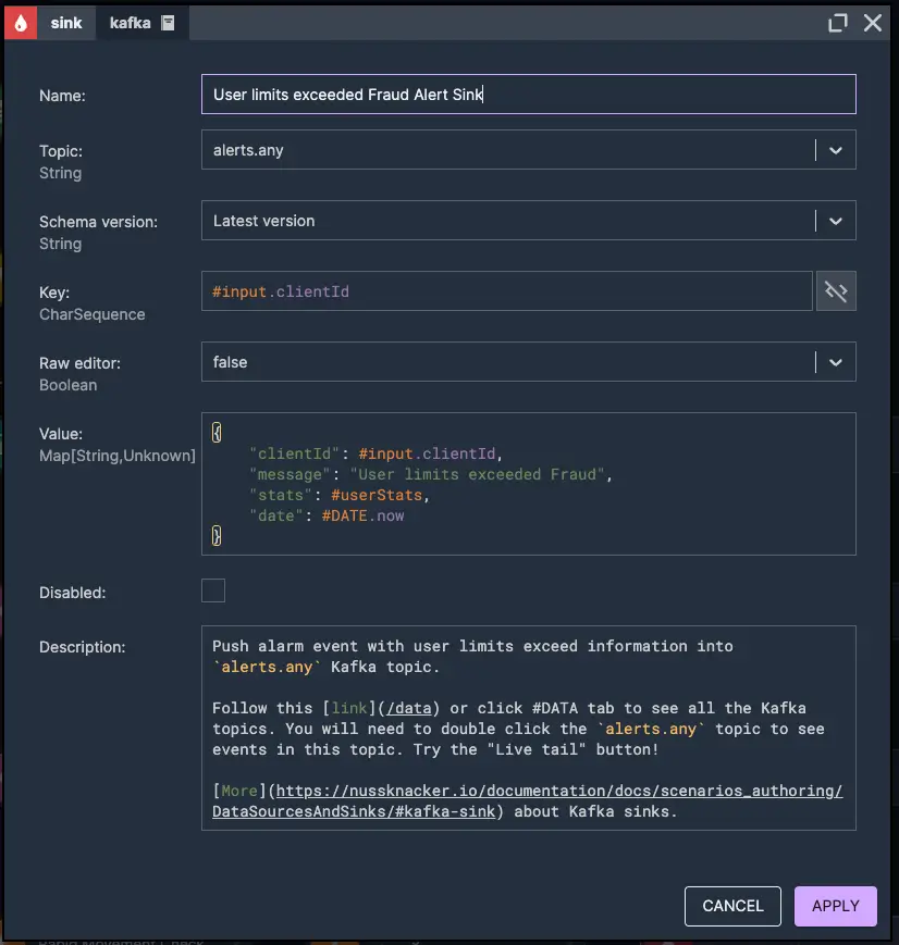 User Limits Alert Sink | Nussknacker Real-Time Fraud Detection Solution Picture presenting a user alert sink node element pushing alerts to a Kafka topic when user transaction limits are exceeded – used in real-time fraud detection with Nussknacker.