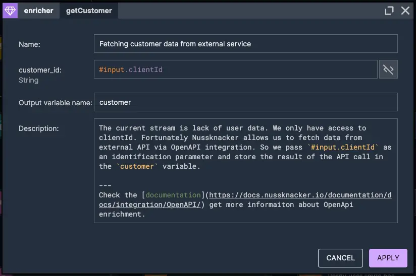 User Enrichment Data| Nussknacker Real-Time Fraud Detection Solution Picture presenting a user enrichment node element enhancing transaction data with customer details to verify limits – used in real-time fraud detection with Nussknacker.