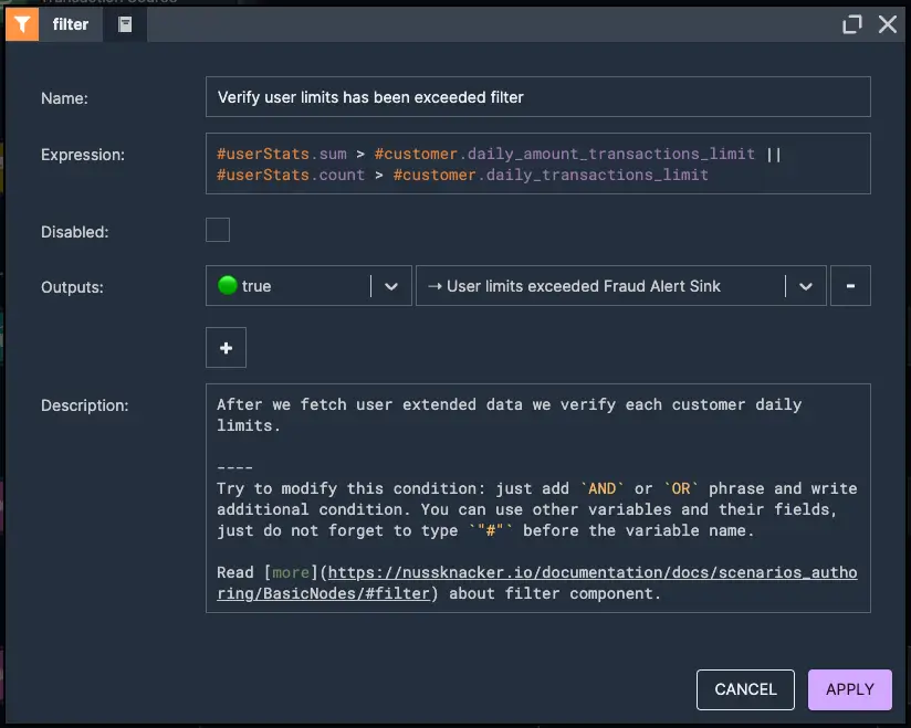 User Limits Verification | Nussknacker Real-Time Fraud Detection Solution Picture presenting a user verification node element checking transaction aggregated stats against user limits to detect potential fraud – used in real-time fraud detection with Nussknacker.