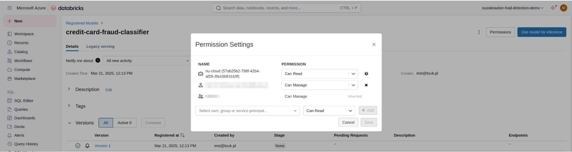 The Azure Databricks MLflow model registry and the registered ML model are now accessible for read operations from outside the Azure Databricks platform. The Azure Databricks MLflow model registry and the registered ML model are now accessible for read operations from outside the Azure Databricks platform.