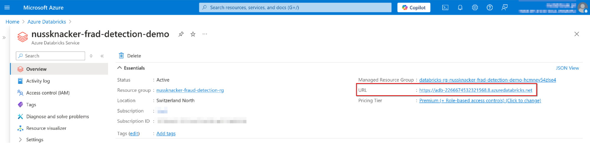 Overview section of your Azure Databricks Service