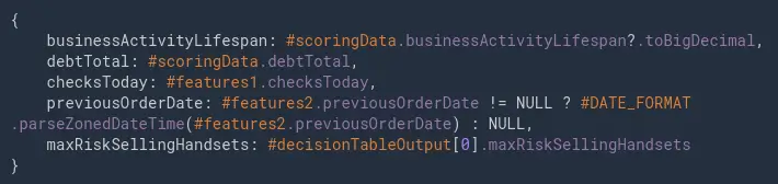 Expression editor using SpEL to define dynamic credit scoring rules within a real-time data processing workflow