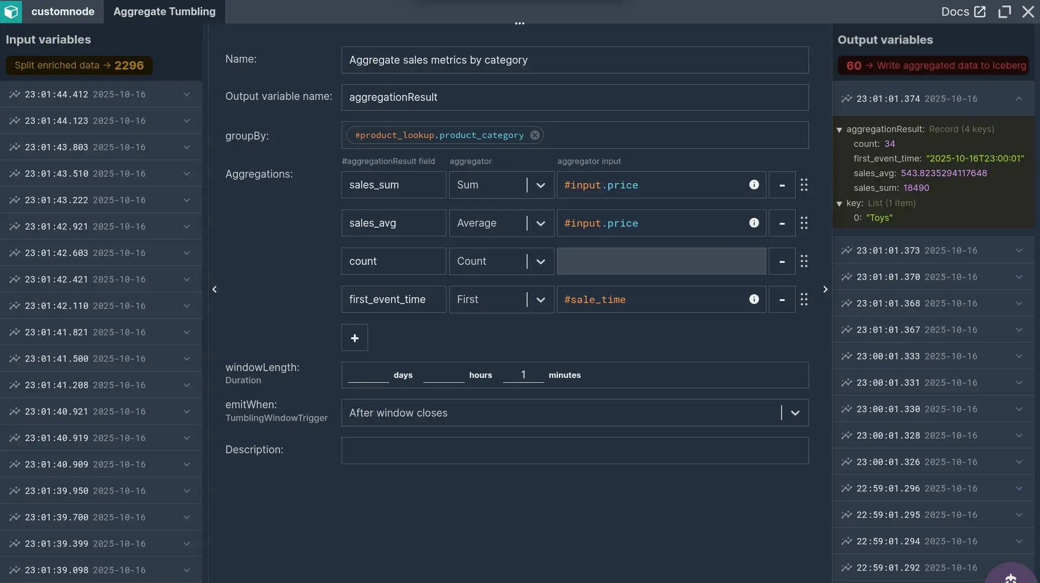 Aggregate node with live data mode turned on, showing current input and output data records.