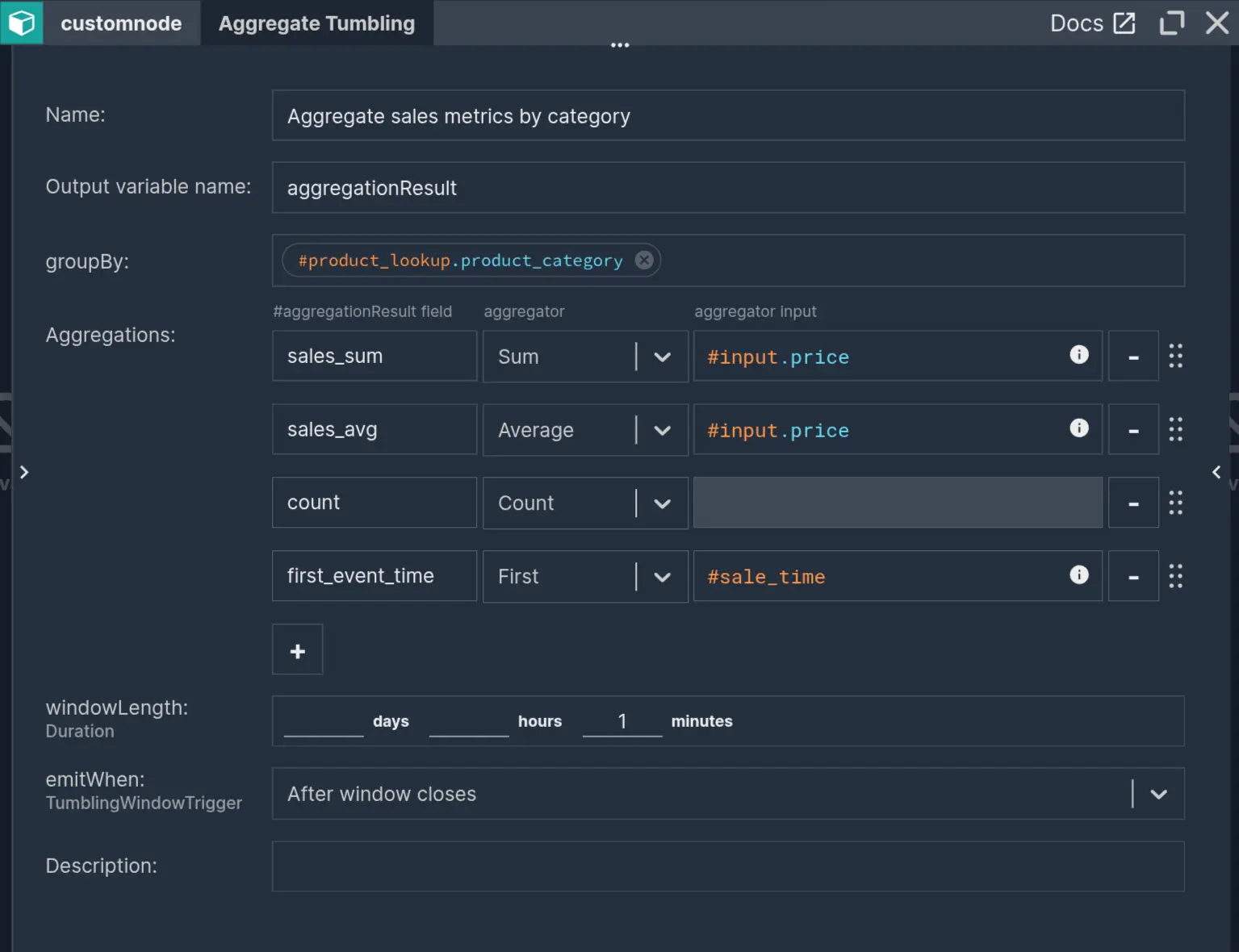 Tumbling window aggregate node with 'groupBy', 'Aggregations', 'windowLength' and 'emitWhen' parameters
