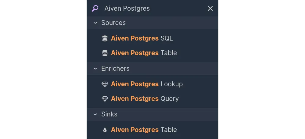 Image of component palette filtered by name of the Postgres integration, listing available components.