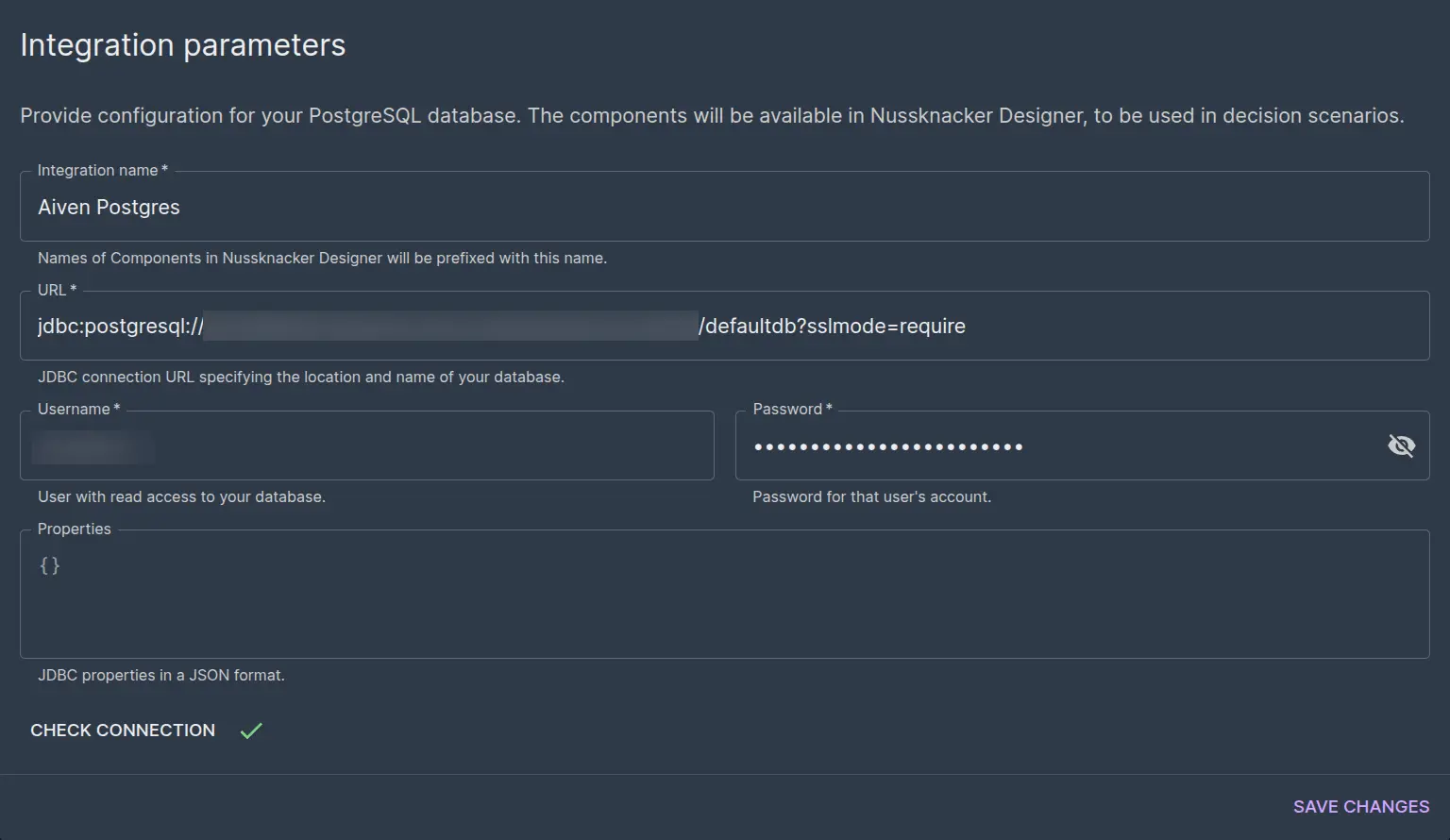 A screenshot of the Integration parameters form for setting up an PostgreSQL database connection, including fields for URL, Username, and Password.