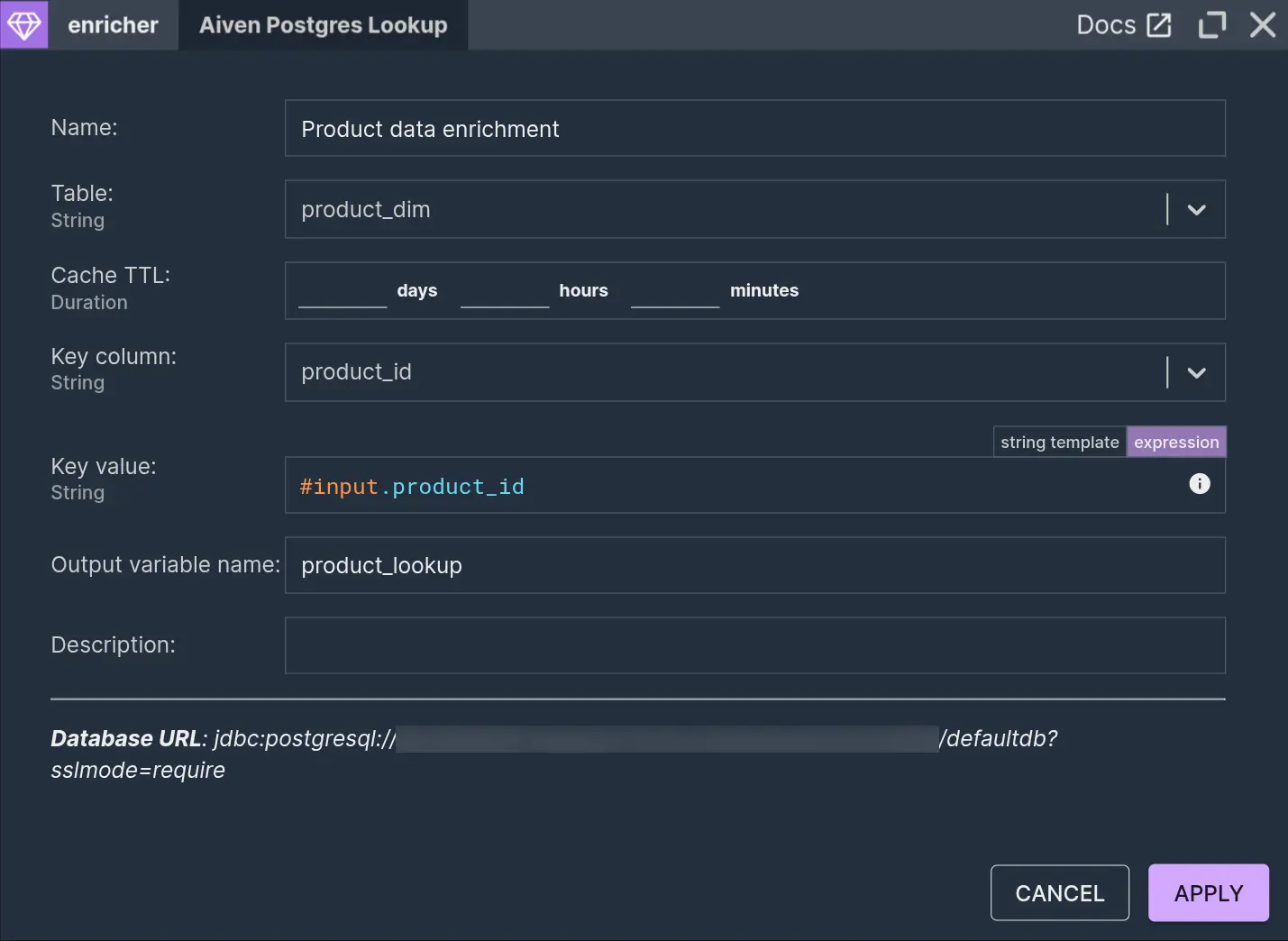 SQL enricher node view with Table, Cache TTL, Key column and Key value parameters.