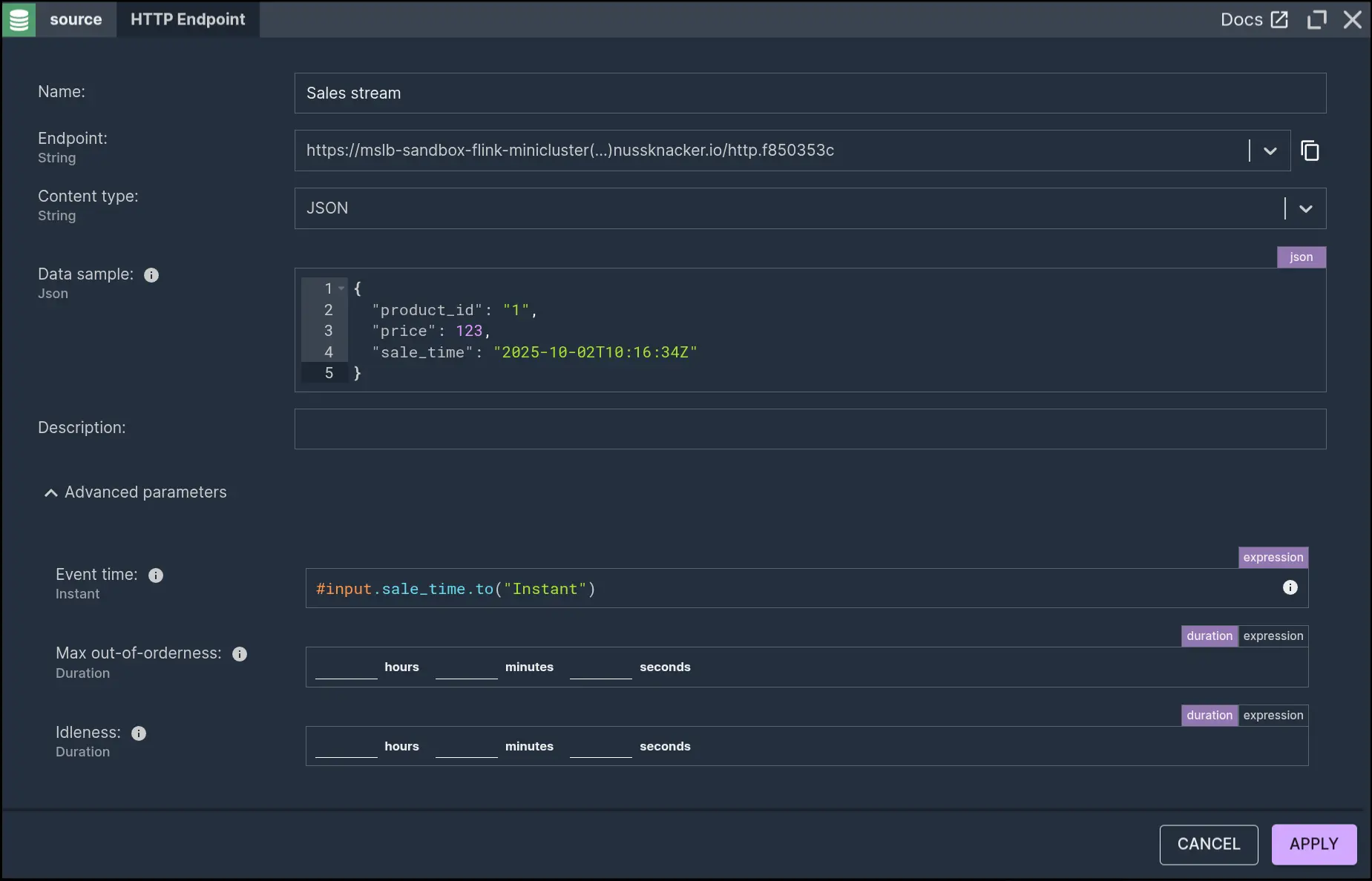 Image of HTTP Endpoint Source. It shows fields for the Endpoint URL, Content type, a data sample, and advanced settings.