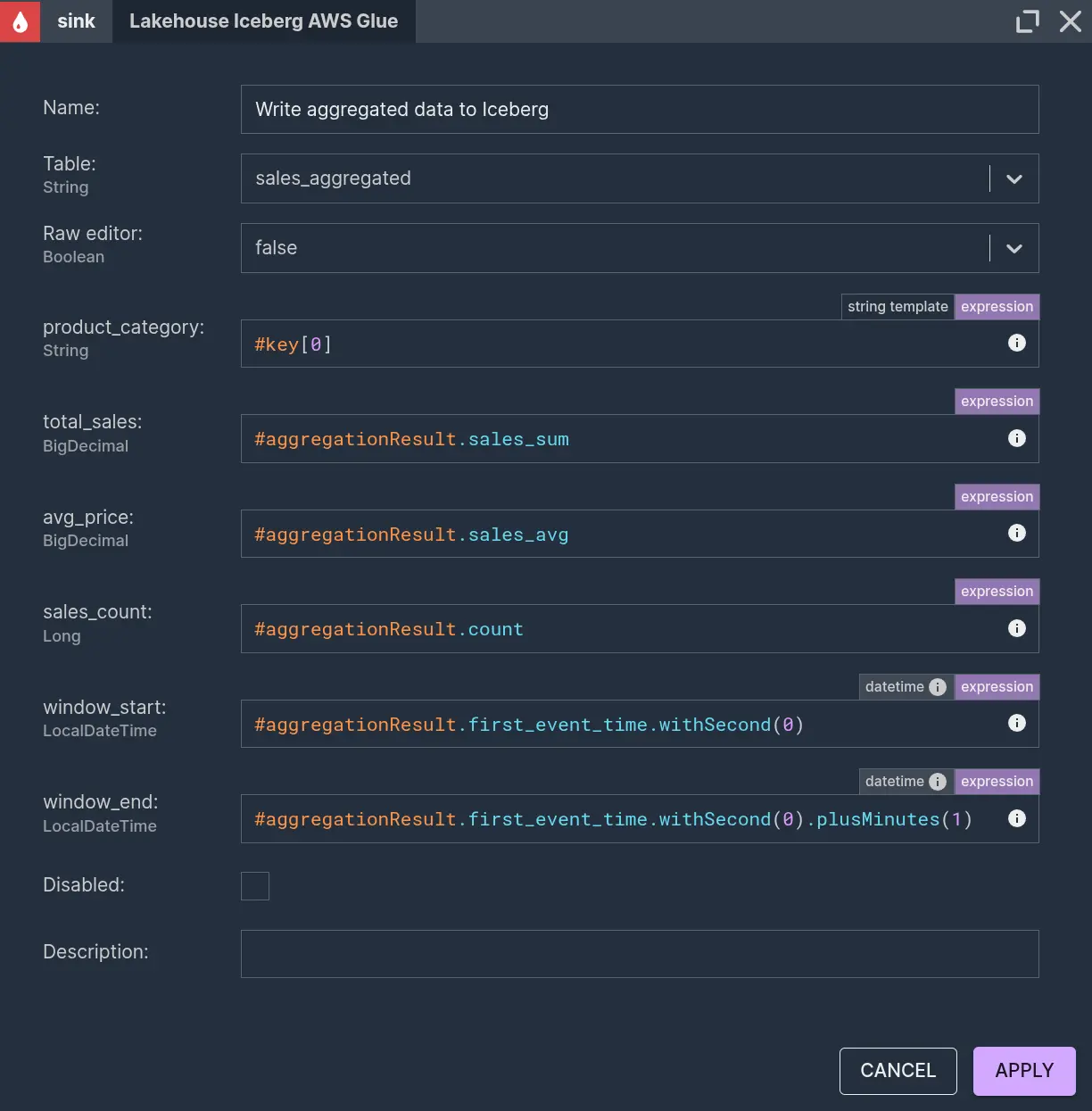 An Iceberg Sink for writing silver layer data under 'sales_aggregated' table registered in AWS Glue.