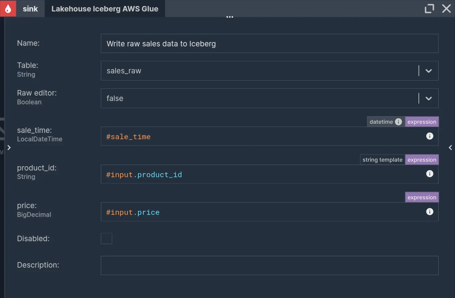 An Iceberg Sink for writing bronze layer data under 'sales_raw' table registered in AWS Glue.
