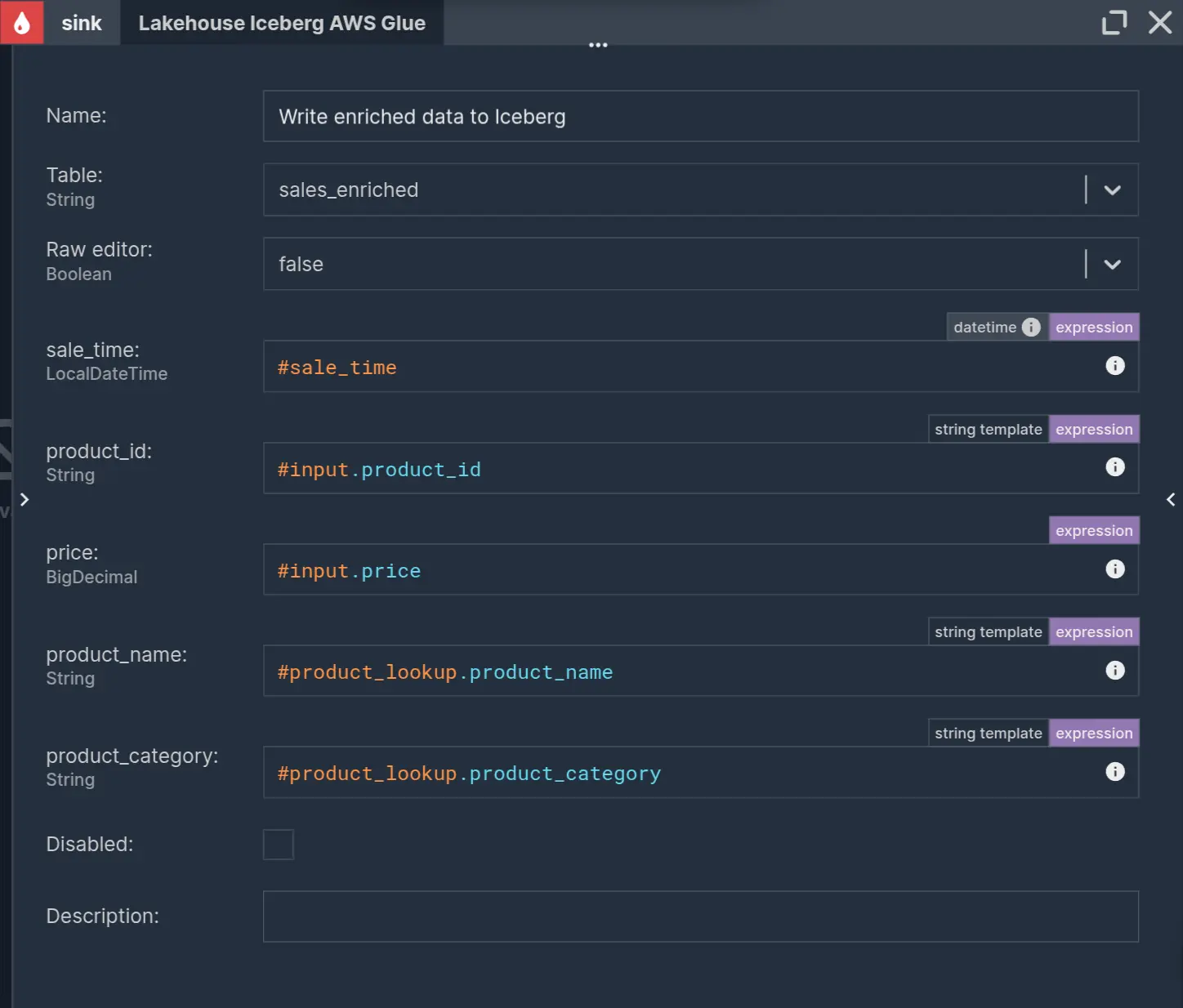 An Iceberg Sink for writing silver layer data under 'sales_enriched' table registered in AWS Glue.