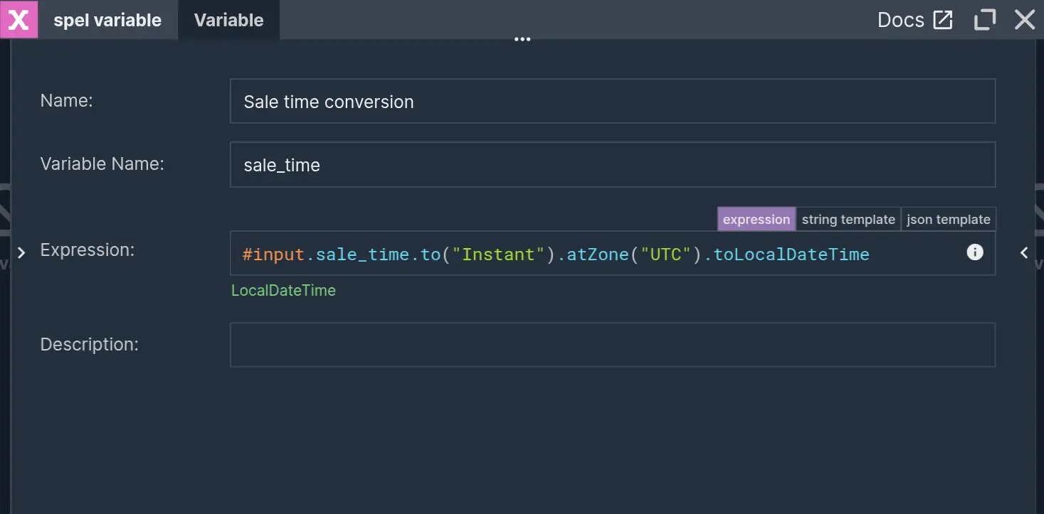 Screenshot of a Variable node defining a sale time for later use in Iceberg Sinks.