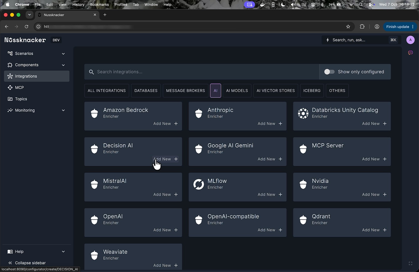 Decision AI integration listed next to LLM integrations in Nussknacker.