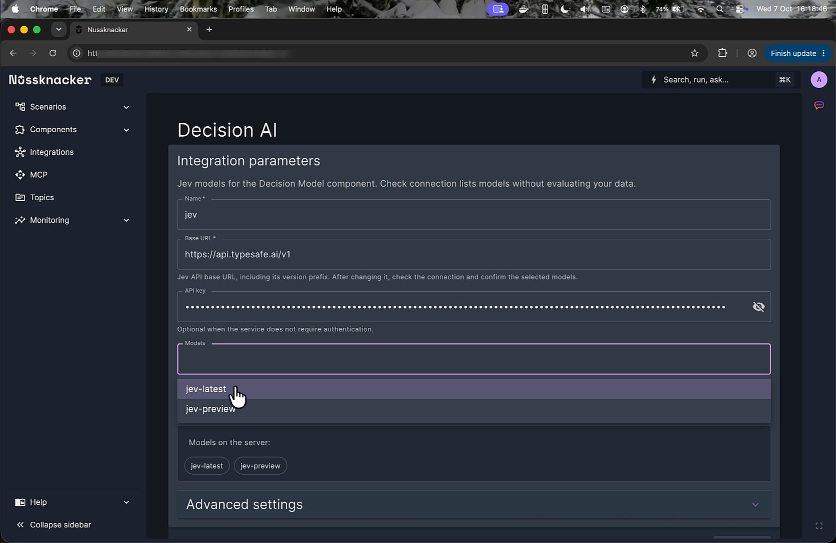 Configuring the TypeSafe Jev connection in Nussknacker's Decision AI integration.