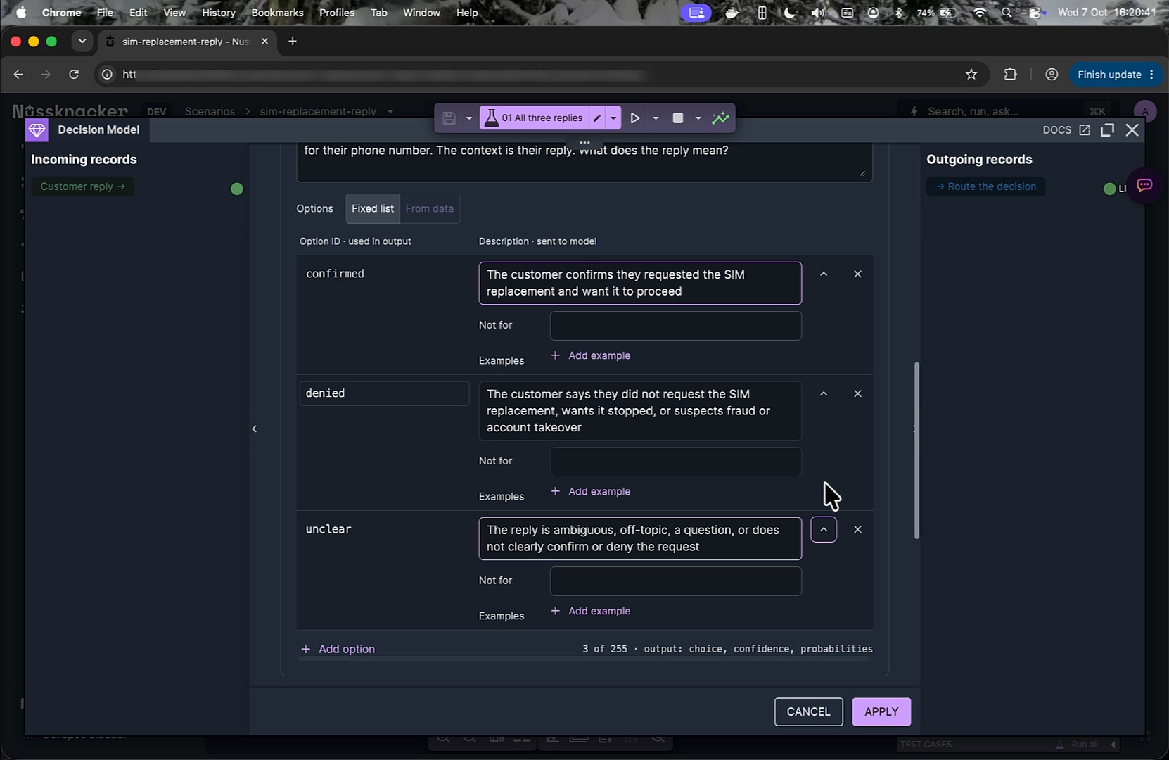 Choice question with confirmed, denied and unclear options in the Nussknacker Decision Model editor.